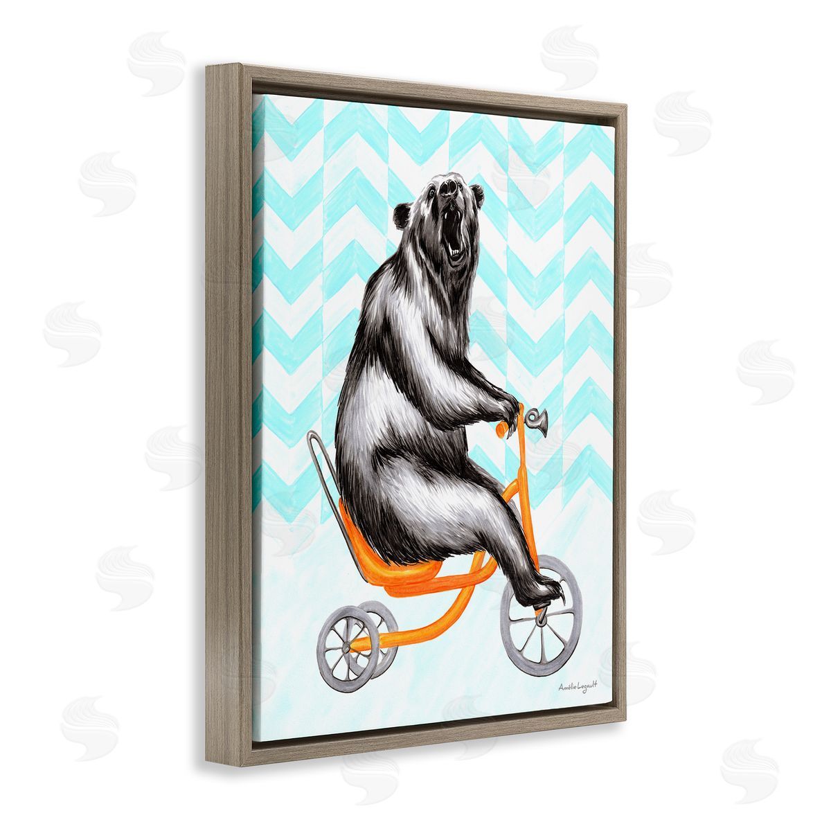 Amelie Legault Roaring Bear Riding Tricycle Whimsical Chevron Pattern  Brown Floating Frame Canvas Wall Art Print