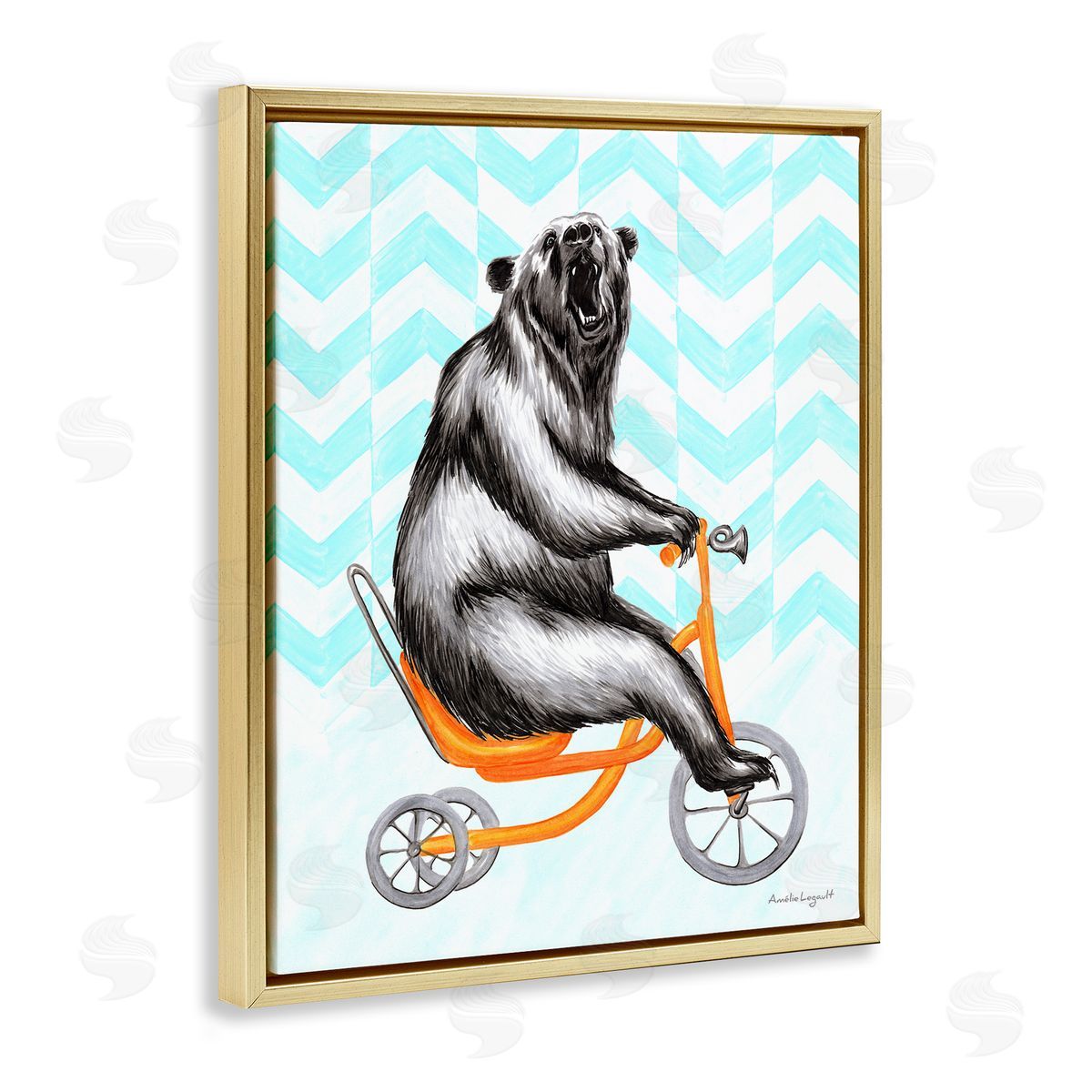 Amelie Legault Roaring Bear Riding Tricycle Whimsical Chevron Pattern  Gold Floating Frame Canvas Wall Art Print