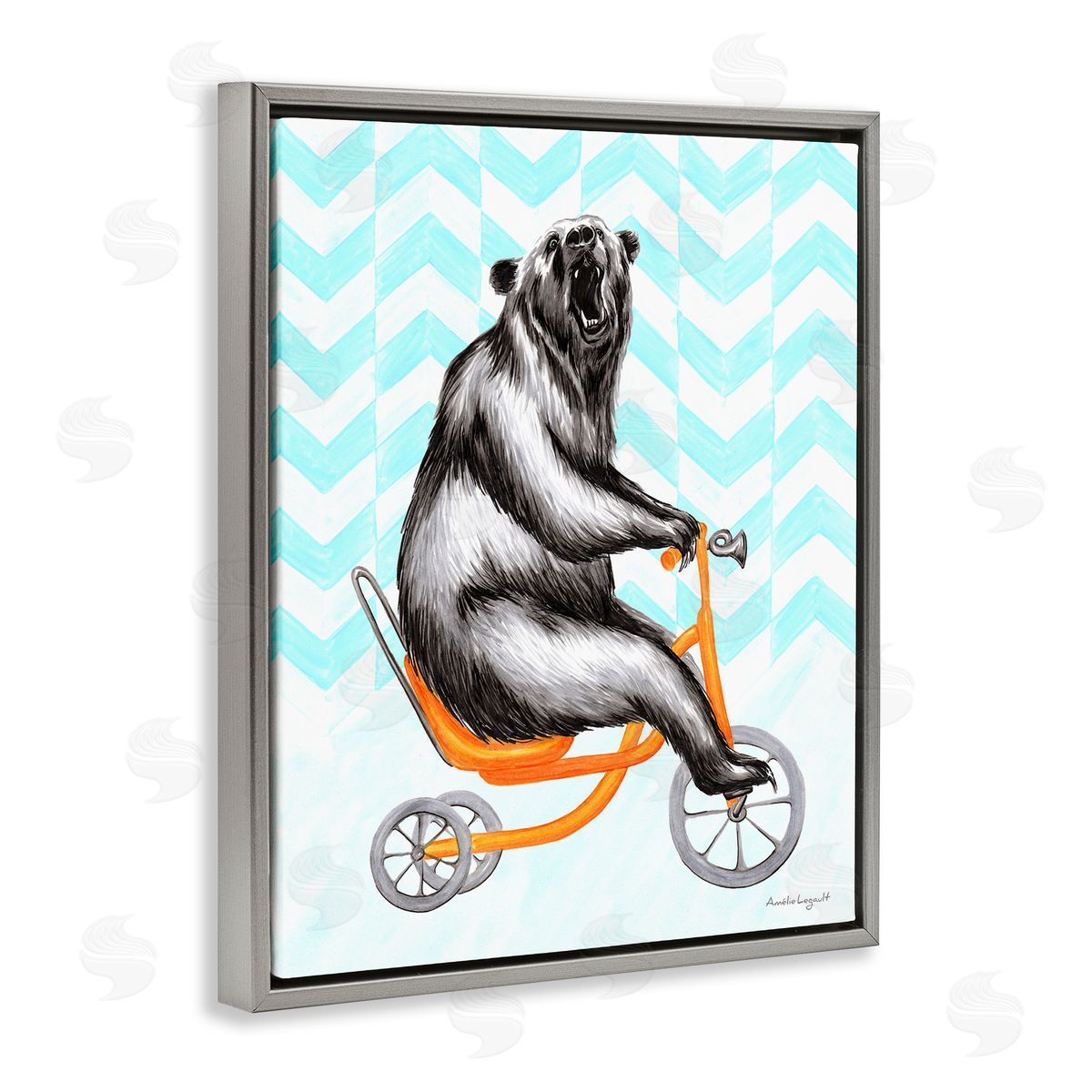 Amelie Legault Roaring Bear Riding Tricycle Whimsical Chevron Pattern  Gray Floating Frame Canvas Wall Art Print