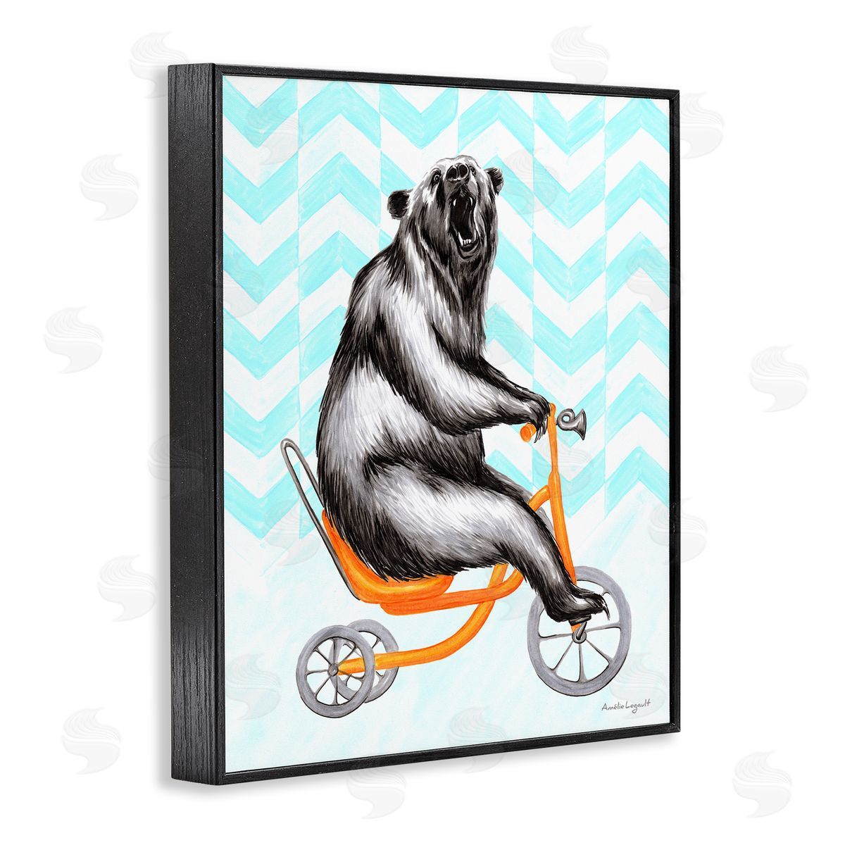 Amelie Legault Roaring Bear Riding Tricycle Whimsical Chevron Pattern  Black Framed Giclee Wall Art Print