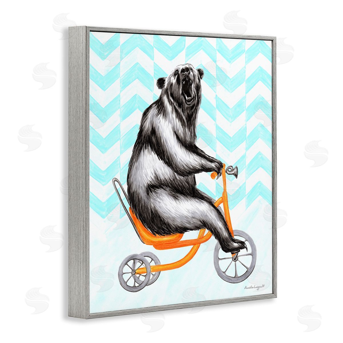 Amelie Legault Roaring Bear Riding Tricycle Whimsical Chevron Pattern  Gray Framed Giclee Wall Art Print