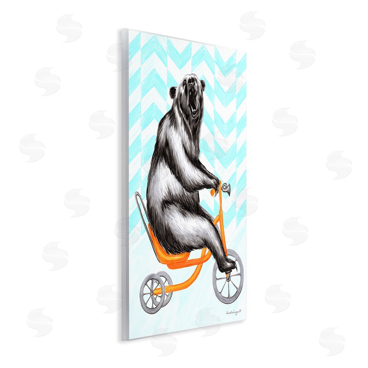 Amelie Legault Roaring Bear Riding Tricycle Whimsical Chevron Pattern  Wall Plaque Art Print