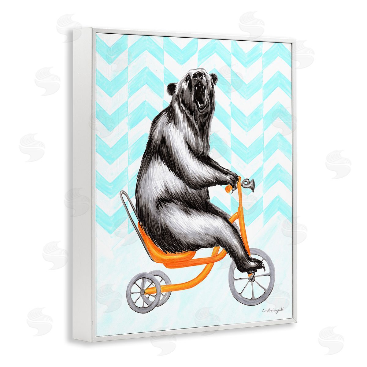 Amelie Legault Roaring Bear Riding Tricycle Whimsical Chevron Pattern  White Framed Giclee Wall Art Print