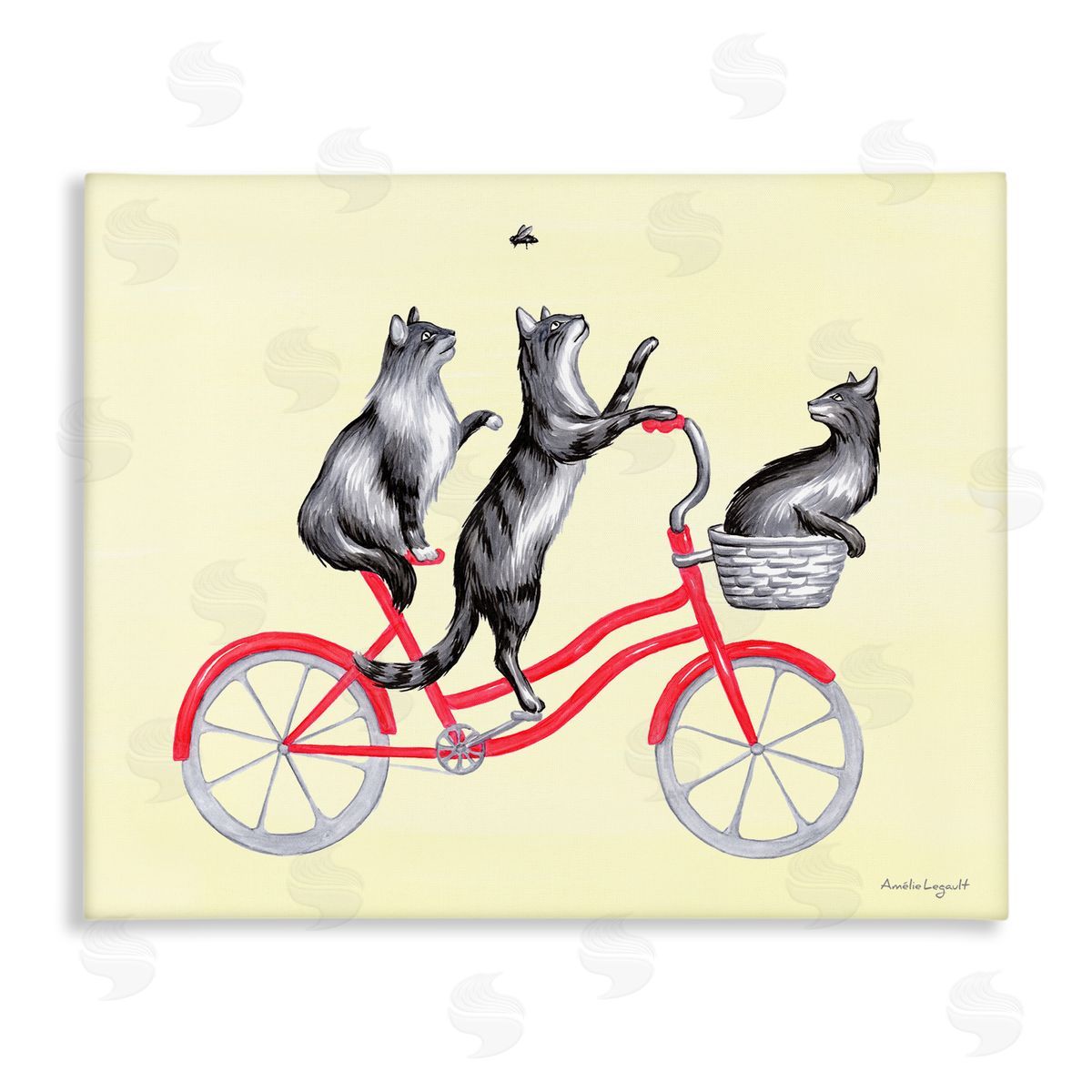 Amelie Legault Playful Cats Riding Red Bicycle Buzzing Bee Stretched Canvas Wall Art Print