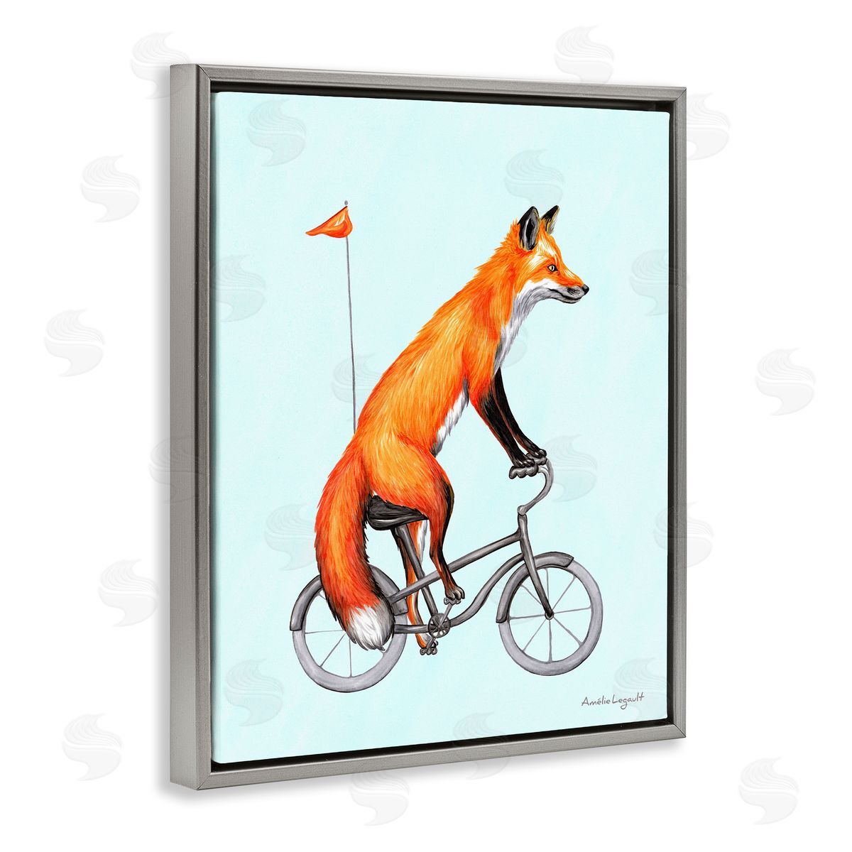 Amelie Legault Eccentric Red Fox Riding Bicycle Biking Flag Gray Floating Frame Canvas Wall Art Print