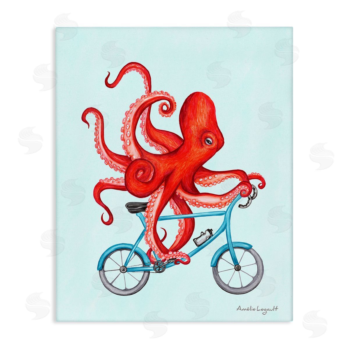 Amelie Legault Red Octopus Tentacles Riding Blue Bike Bicycle  Stretched Canvas Wall Art Print