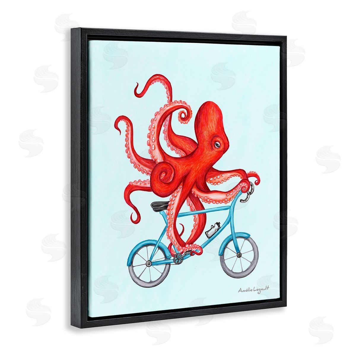 Amelie Legault Red Octopus Tentacles Riding Blue Bike Bicycle  Black Floating Frame Canvas Wall Art Print
