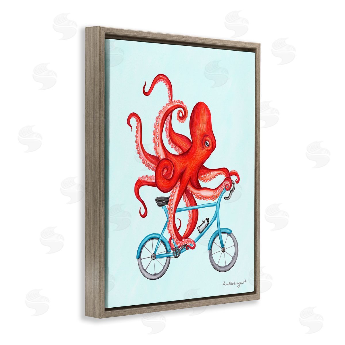 Amelie Legault Red Octopus Tentacles Riding Blue Bike Bicycle  Brown Floating Frame Canvas Wall Art Print
