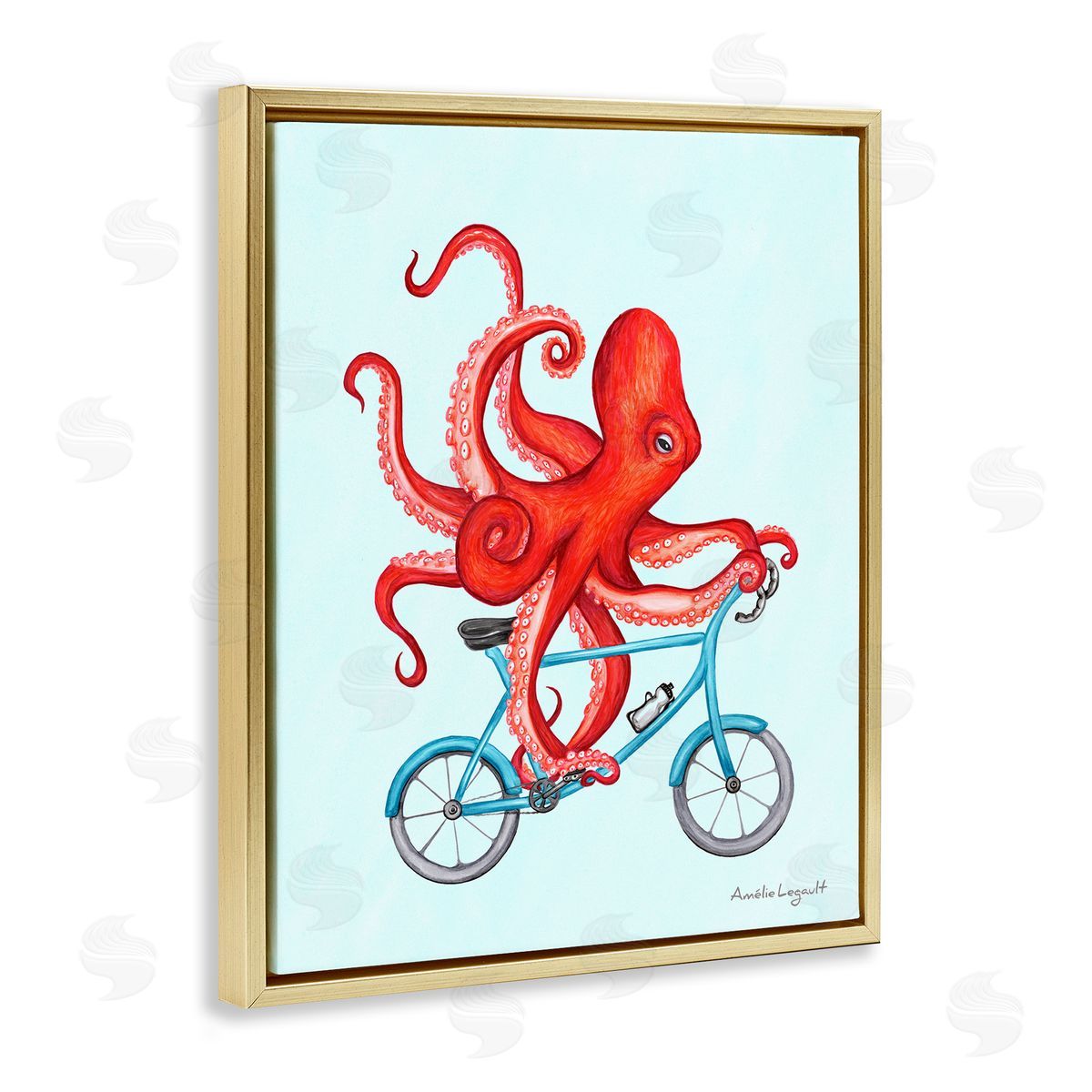 Amelie Legault Red Octopus Tentacles Riding Blue Bike Bicycle  Gold Floating Frame Canvas Wall Art Print