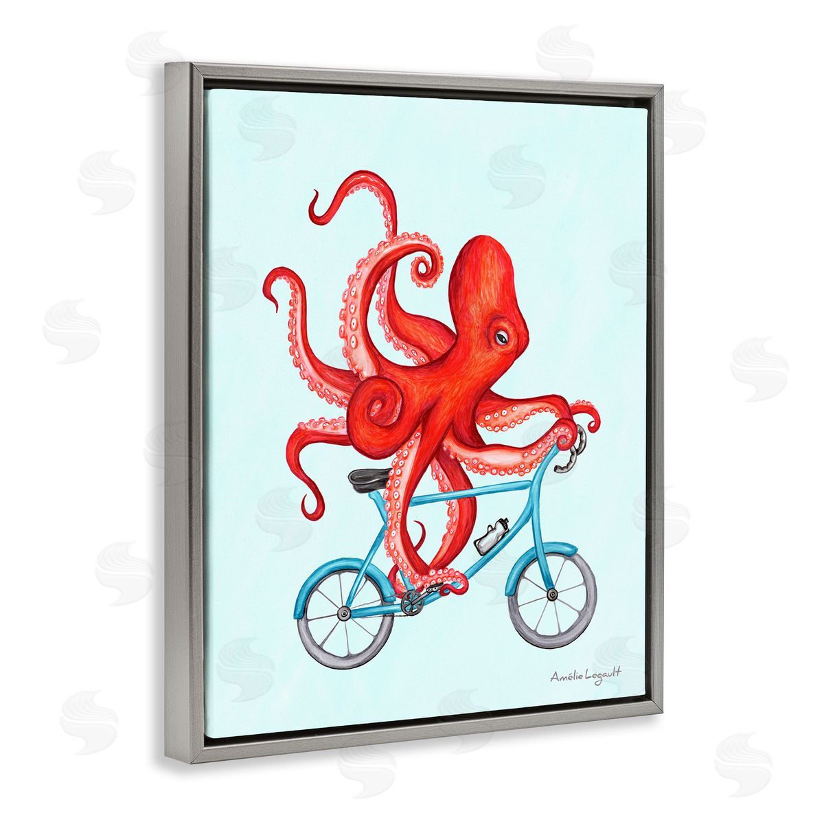 Amelie Legault Red Octopus Tentacles Riding Blue Bike Bicycle  Gray Floating Frame Canvas Wall Art Print