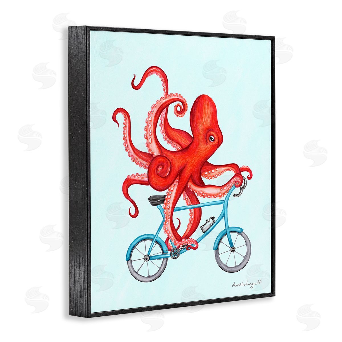Amelie Legault Red Octopus Tentacles Riding Blue Bike Bicycle  Black Framed Giclee Wall Art Print