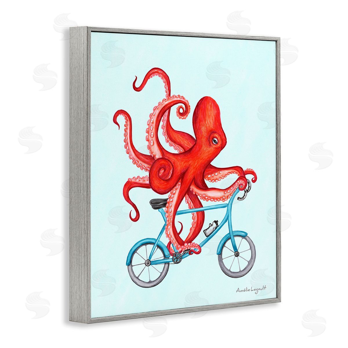 Amelie Legault Red Octopus Tentacles Riding Blue Bike Bicycle  Gray Framed Giclee Wall Art Print