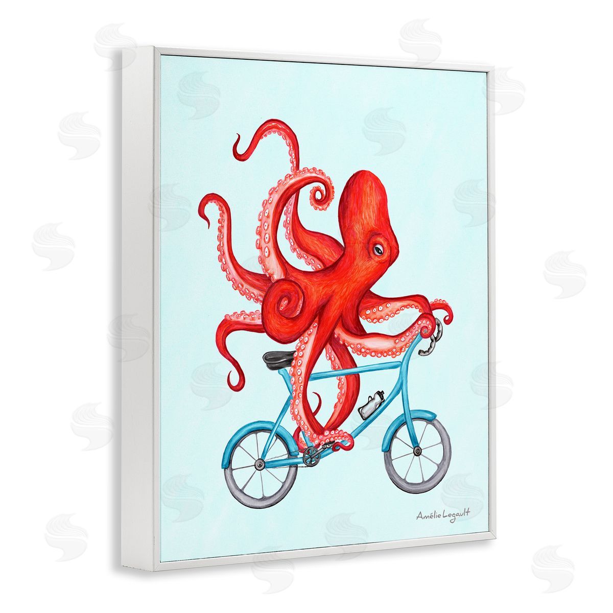 Amelie Legault Red Octopus Tentacles Riding Blue Bike Bicycle  White Framed Giclee Wall Art Print