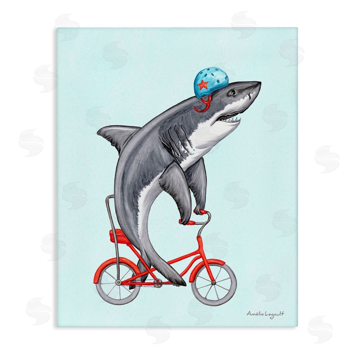 Amelie Legault Great White Shark On Red Bicycle Blue Helmet  Stretched Canvas Wall Art Print