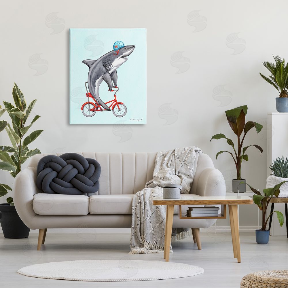 Amelie Legault Great White Shark On Red Bicycle Blue Helmet  Canvas Wall Art Print in Room