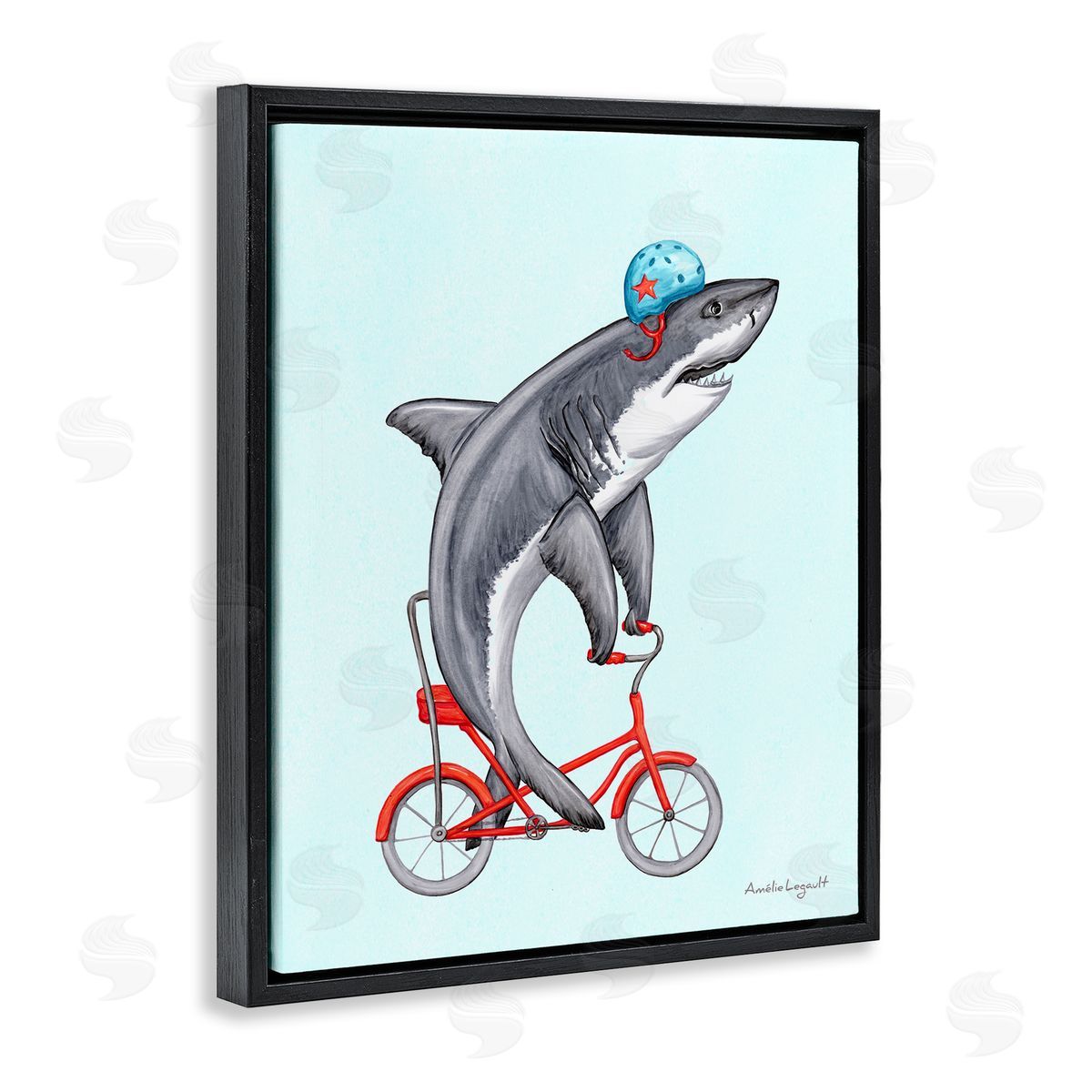 Amelie Legault Great White Shark On Red Bicycle Blue Helmet  Black Floating Frame Canvas Wall Art Print