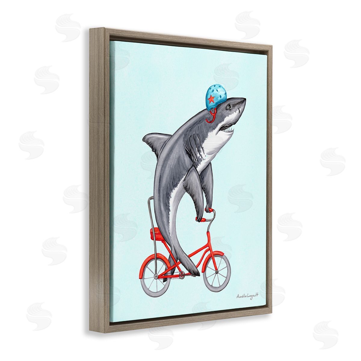 Amelie Legault Great White Shark On Red Bicycle Blue Helmet  Brown Floating Frame Canvas Wall Art Print