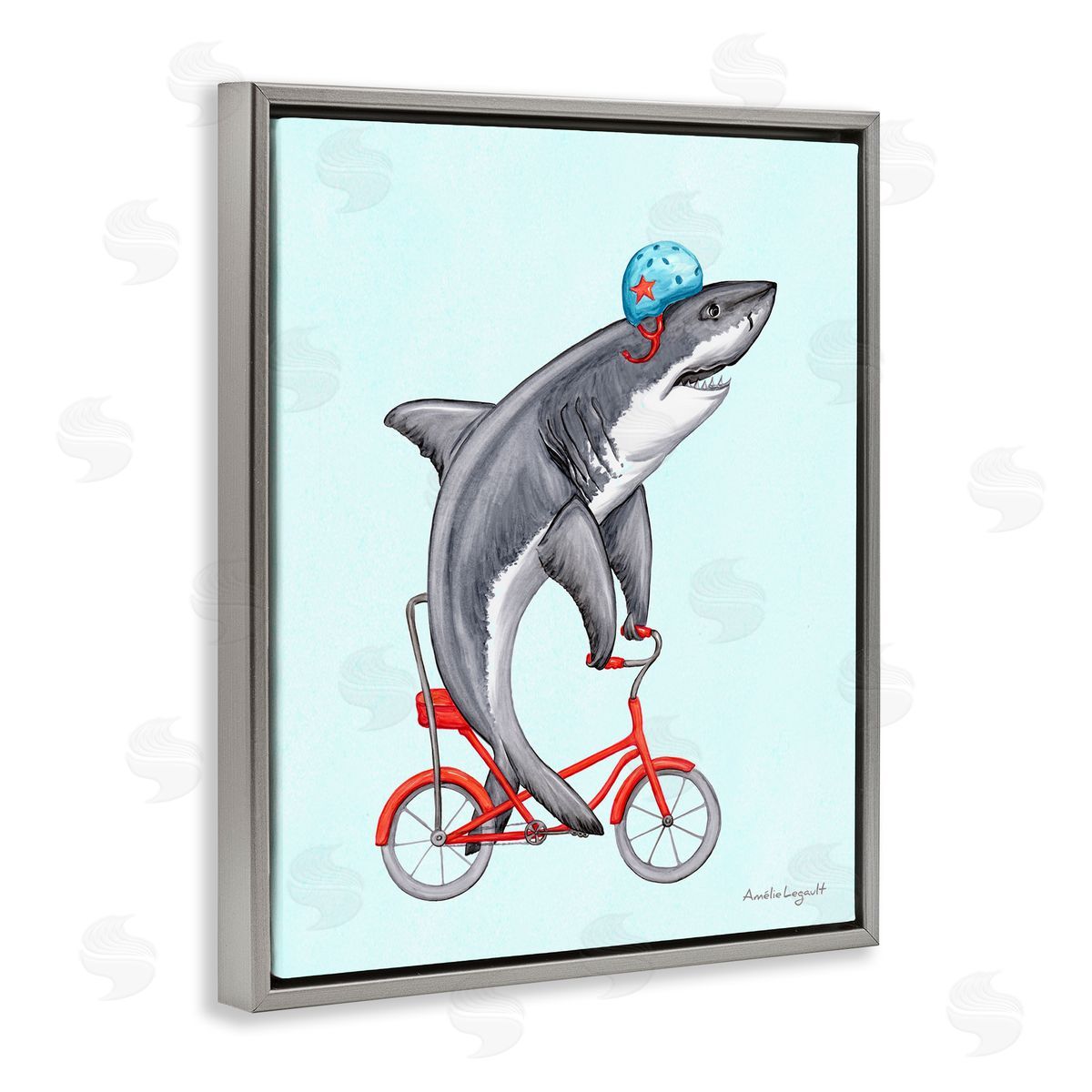 Amelie Legault Great White Shark On Red Bicycle Blue Helmet  Gray Floating Frame Canvas Wall Art Print