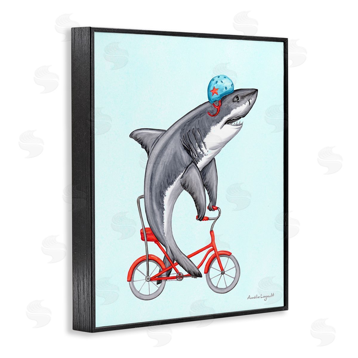 Amelie Legault Great White Shark On Red Bicycle Blue Helmet  Black Framed Giclee Wall Art Print