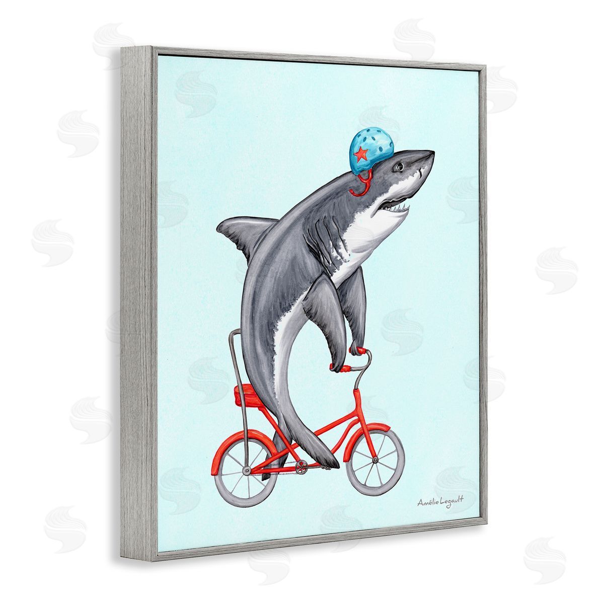 Amelie Legault Great White Shark On Red Bicycle Blue Helmet  Gray Framed Giclee Wall Art Print