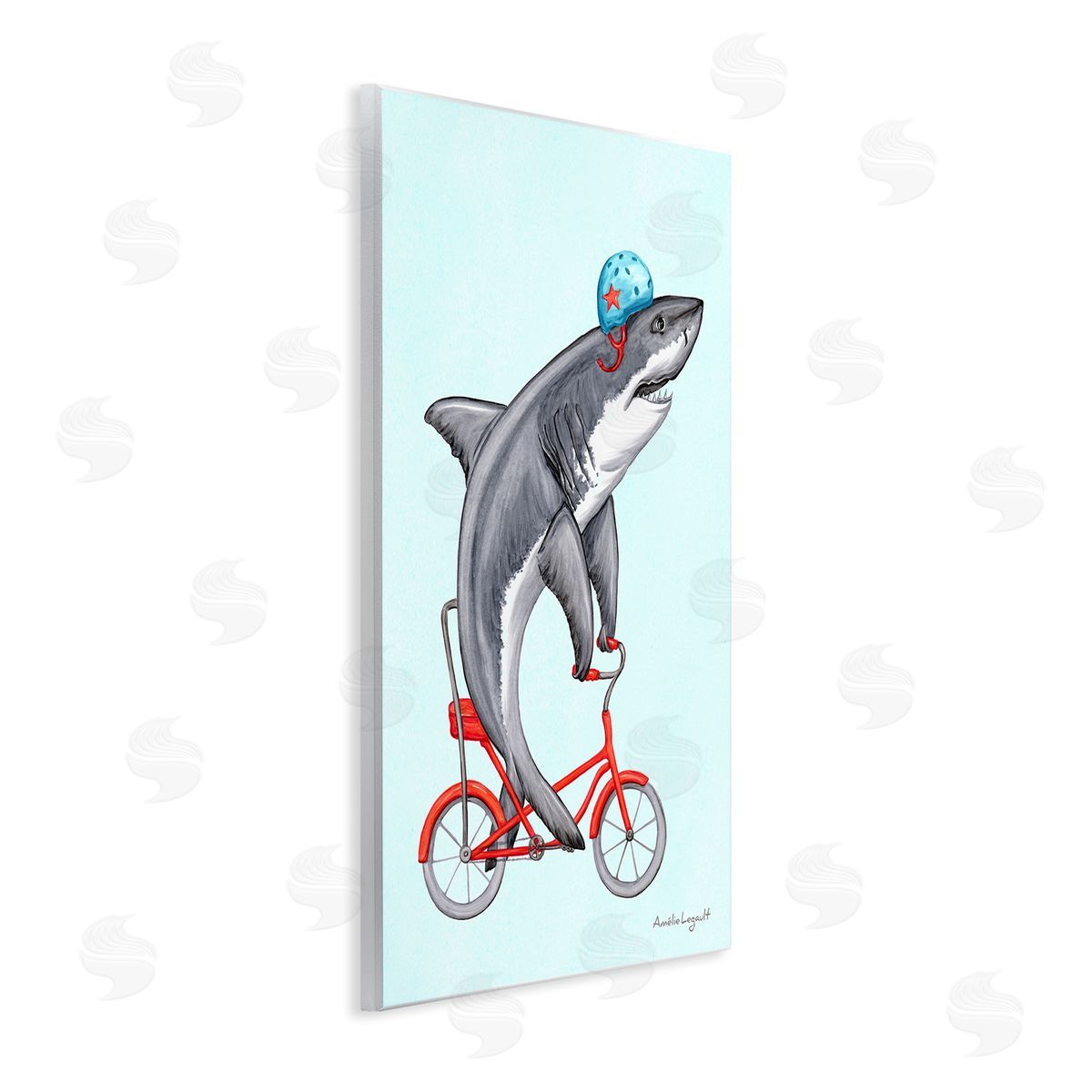 Amelie Legault Great White Shark On Red Bicycle Blue Helmet  Wall Plaque Art Print