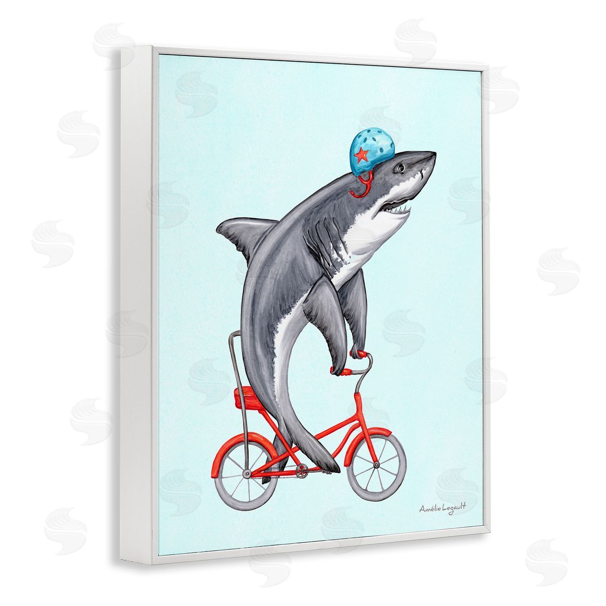 Amelie Legault Great White Shark On Red Bicycle Blue Helmet  White Framed Giclee Wall Art Print