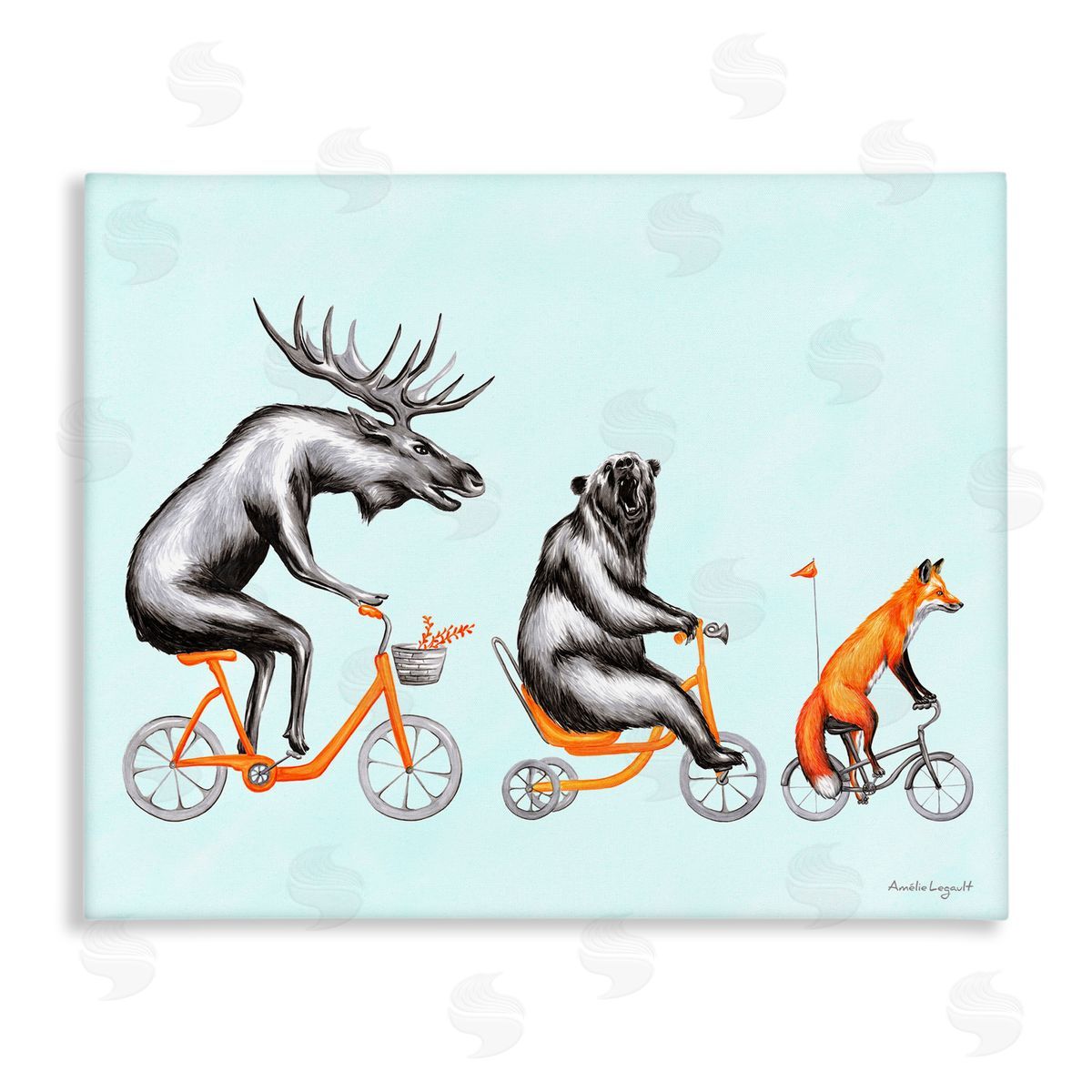Amelie Legault Wildlife Animals Riding Bikes Moose Bear Fox  Stretched Canvas Wall Art Print