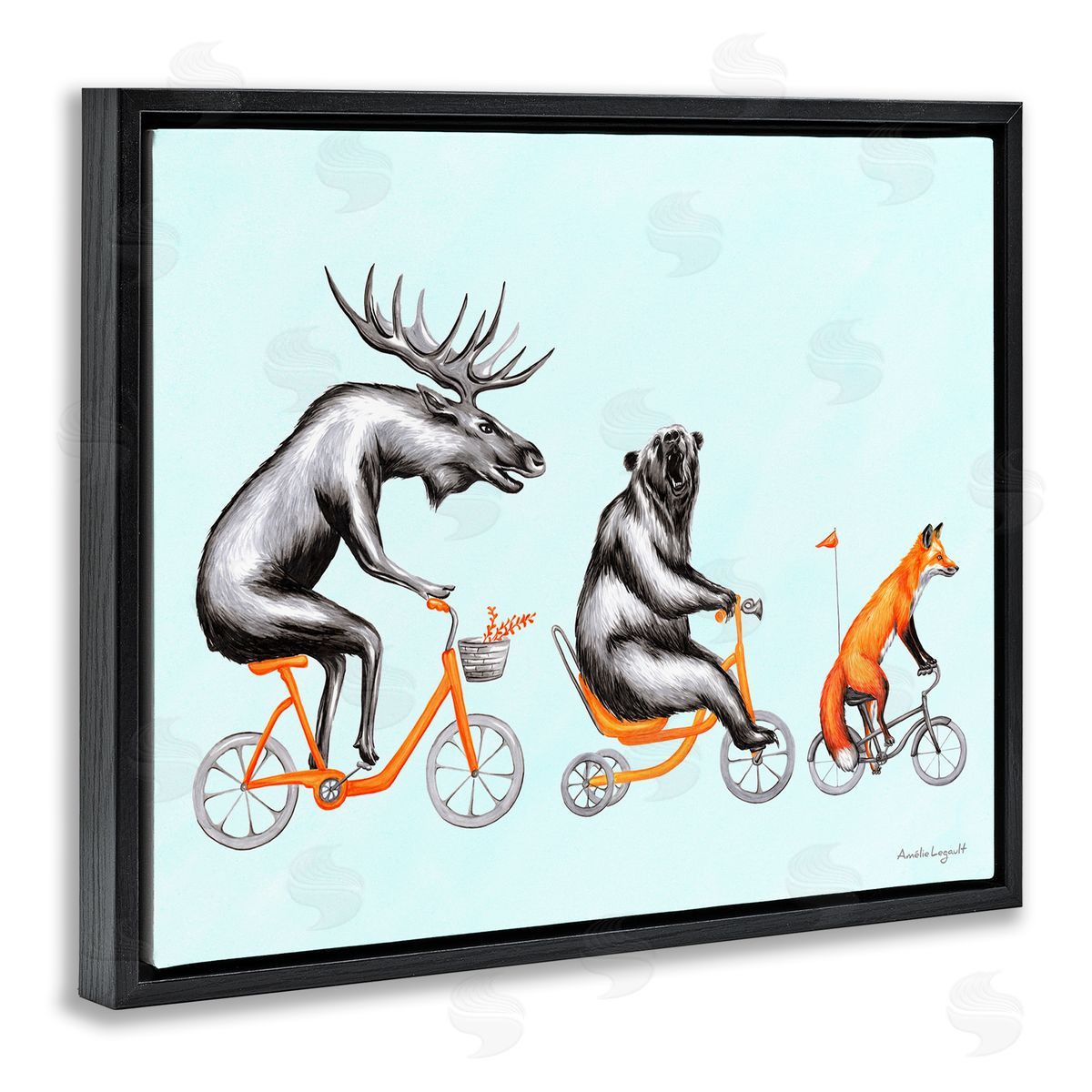 Amelie Legault Wildlife Animals Riding Bikes Moose Bear Fox  Black Floating Frame Canvas Wall Art Print