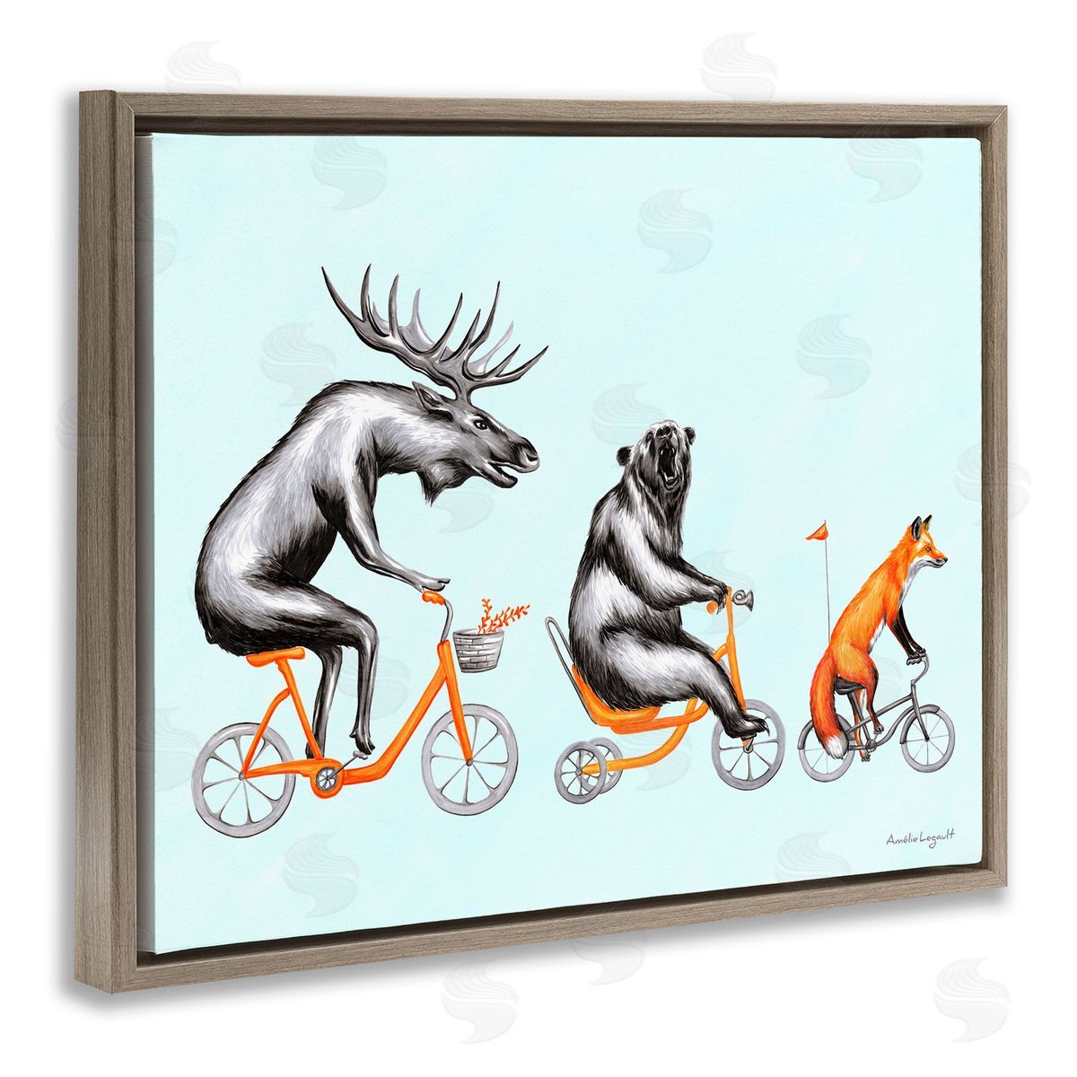 Amelie Legault Wildlife Animals Riding Bikes Moose Bear Fox  Brown Floating Frame Canvas Wall Art Print