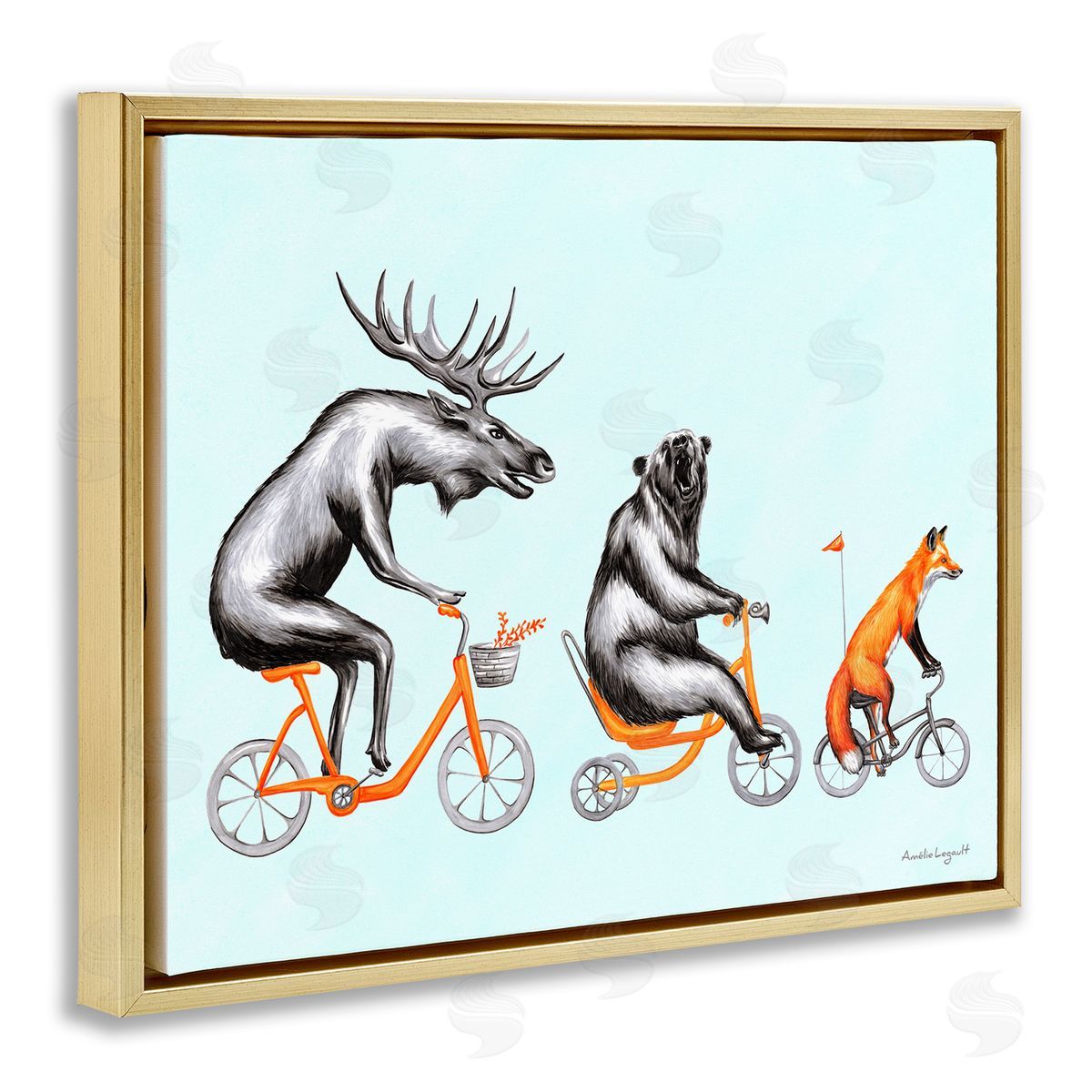Amelie Legault Wildlife Animals Riding Bikes Moose Bear Fox  Gold Floating Frame Canvas Wall Art Print