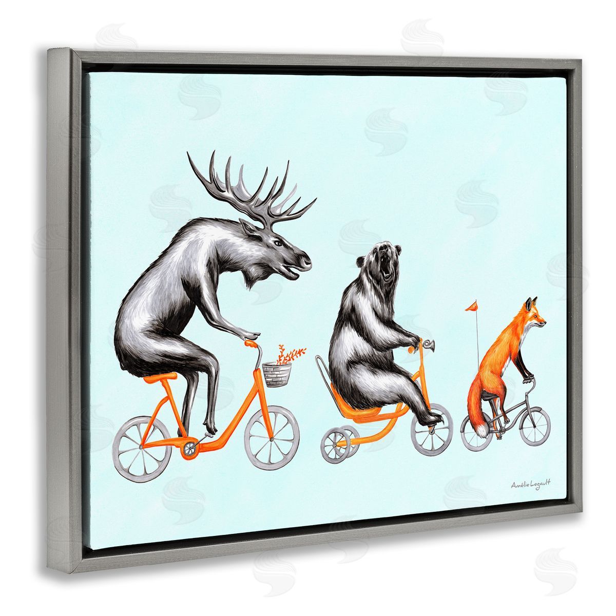 Amelie Legault Wildlife Animals Riding Bikes Moose Bear Fox  Gray Floating Frame Canvas Wall Art Print