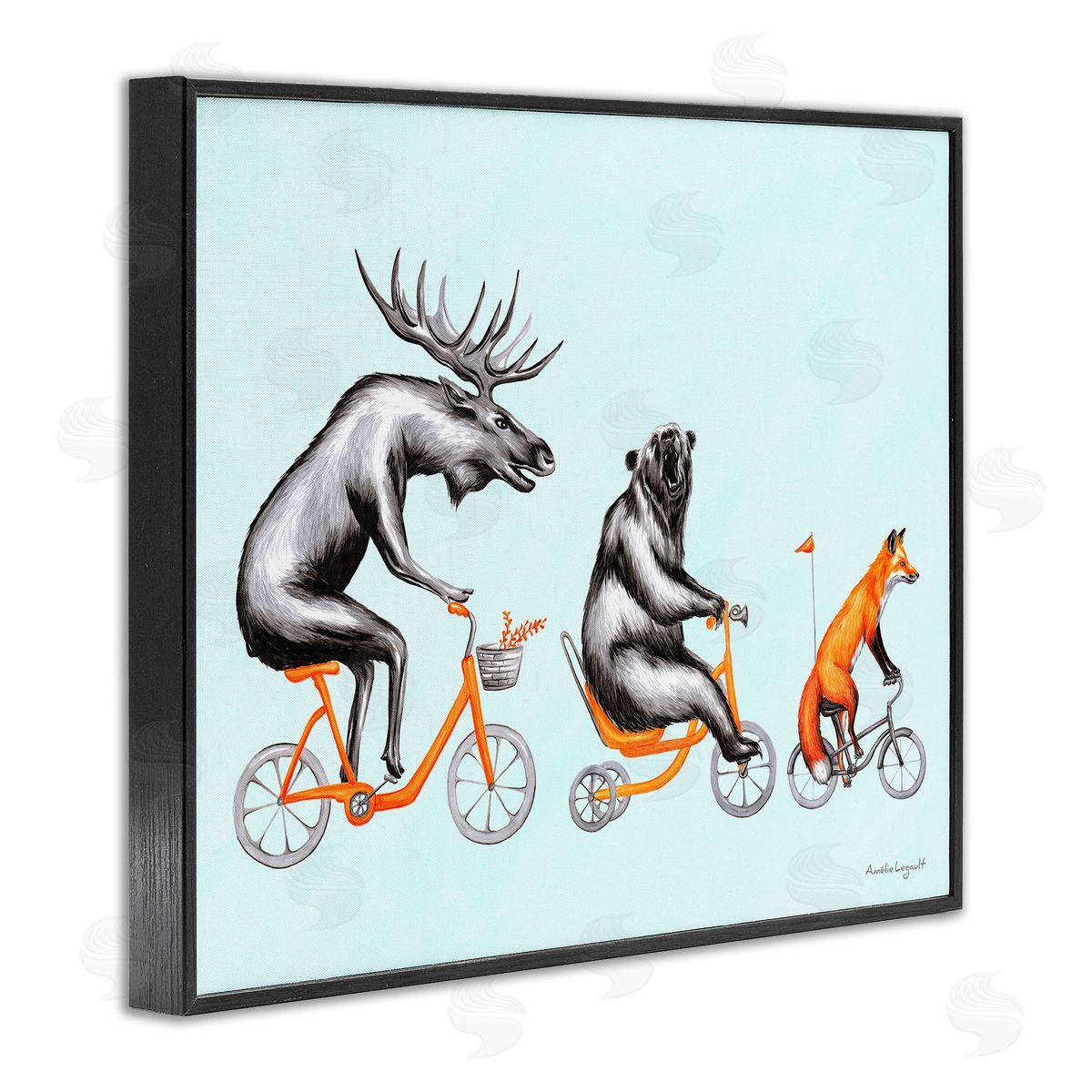 Amelie Legault Wildlife Animals Riding Bikes Moose Bear Fox  Black Framed Giclee Wall Art Print