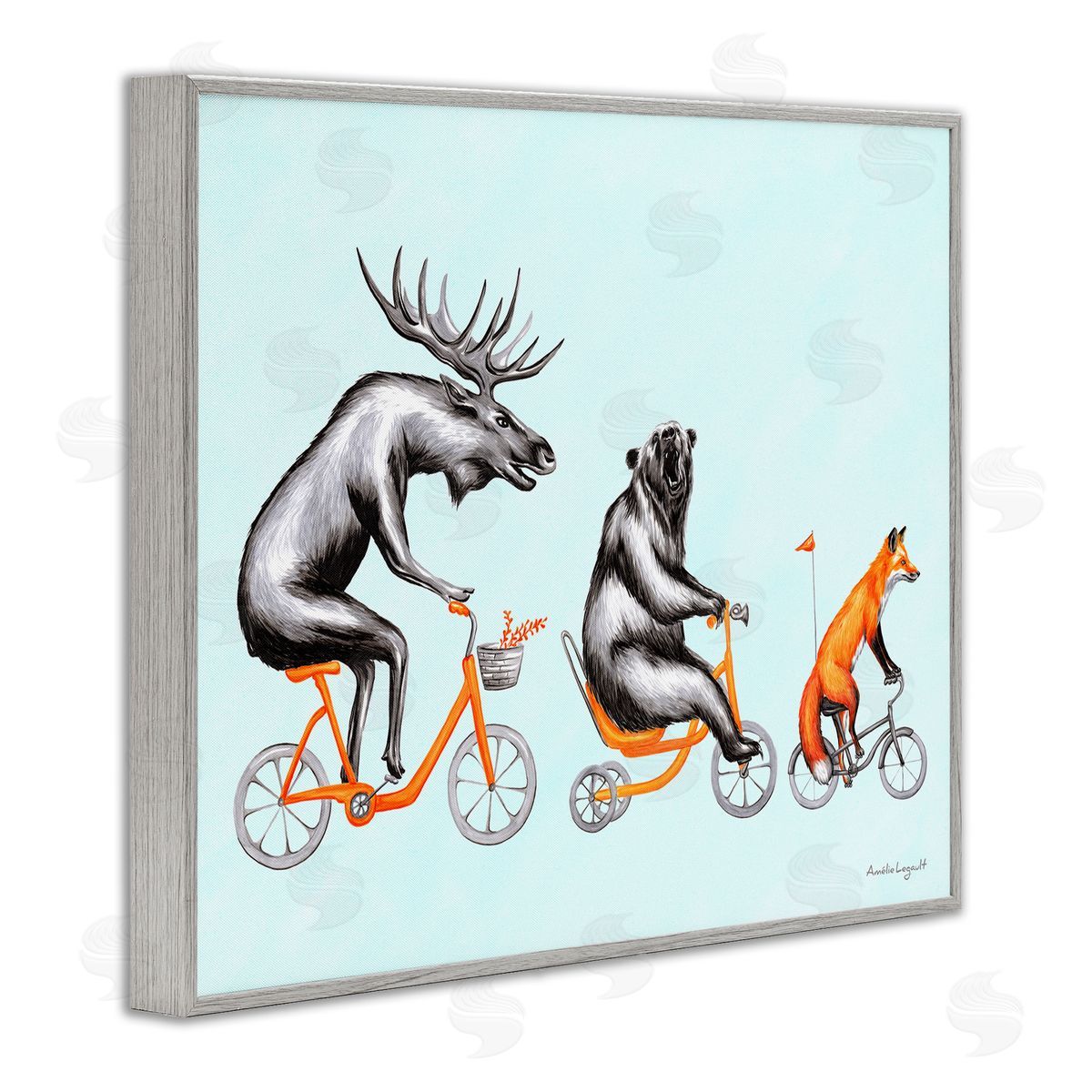 Amelie Legault Wildlife Animals Riding Bikes Moose Bear Fox  Gray Framed Giclee Wall Art Print
