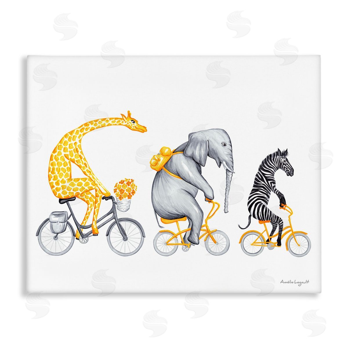 Amelie Legault Savanna Animals Riding Bikes Bicycles Yellow  Stretched Canvas Wall Art Print