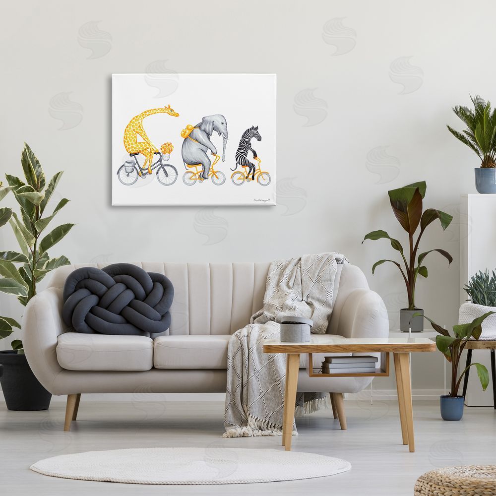 Amelie Legault Savanna Animals Riding Bikes Bicycles Yellow  Canvas Wall Art Print in Room