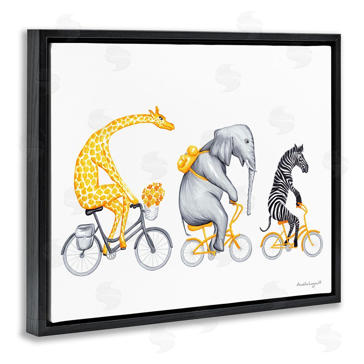 Amelie Legault Savanna Animals Riding Bikes Bicycles Yellow  Black Floating Frame Canvas Wall Art Print