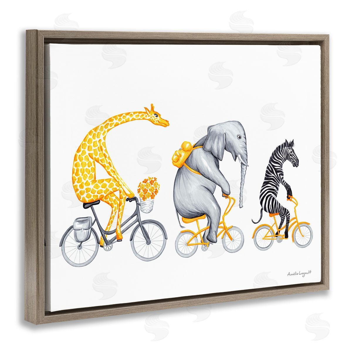 Amelie Legault Savanna Animals Riding Bikes Bicycles Yellow  Brown Floating Frame Canvas Wall Art Print