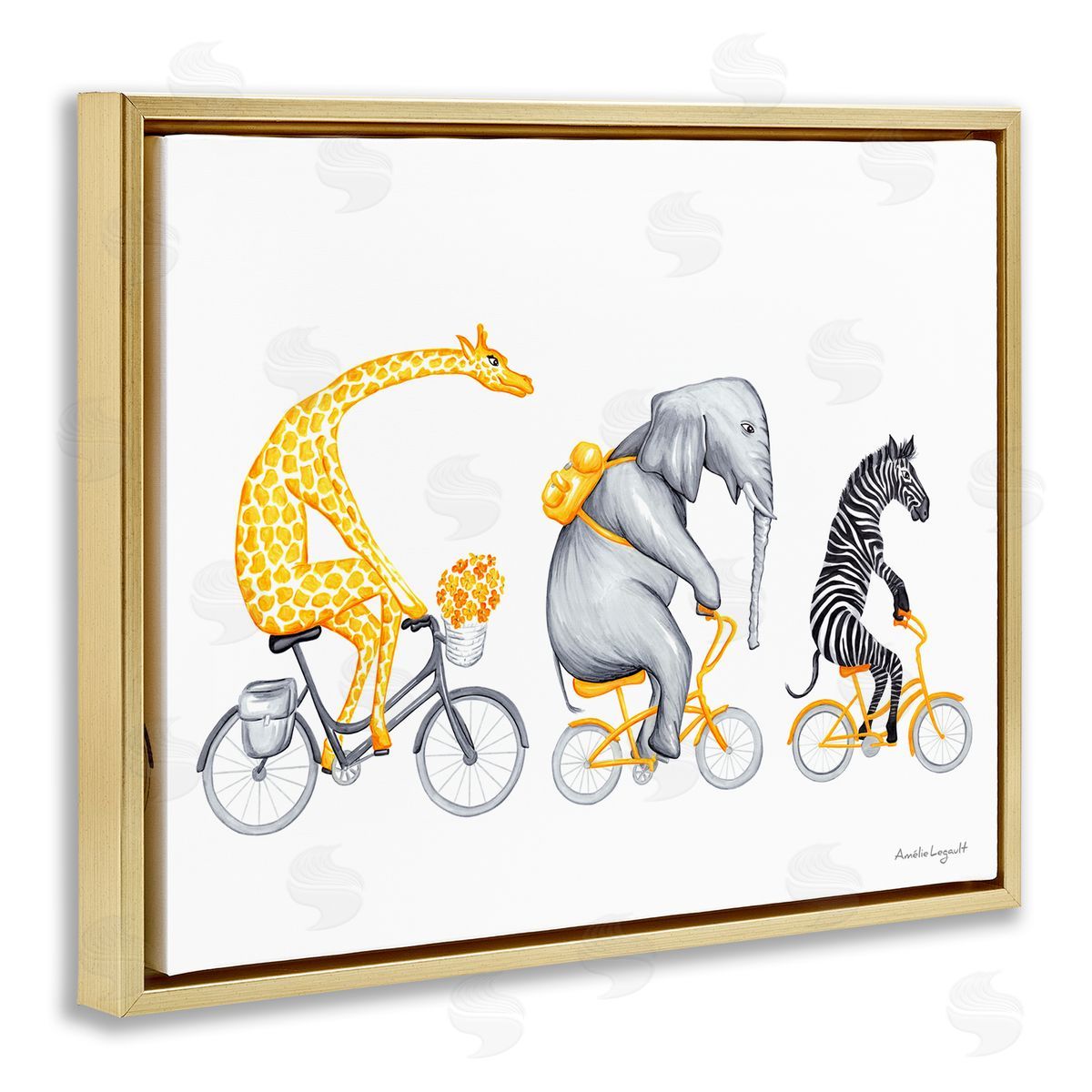 Amelie Legault Savanna Animals Riding Bikes Bicycles Yellow  Gold Floating Frame Canvas Wall Art Print