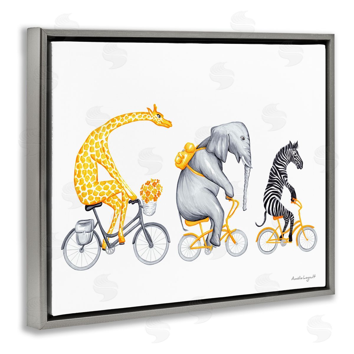 Amelie Legault Savanna Animals Riding Bikes Bicycles Yellow  Gray Floating Frame Canvas Wall Art Print