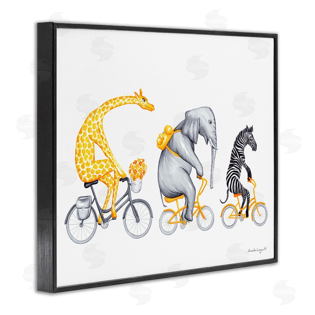 Amelie Legault Savanna Animals Riding Bikes Bicycles Yellow  Black Framed Giclee Wall Art Print