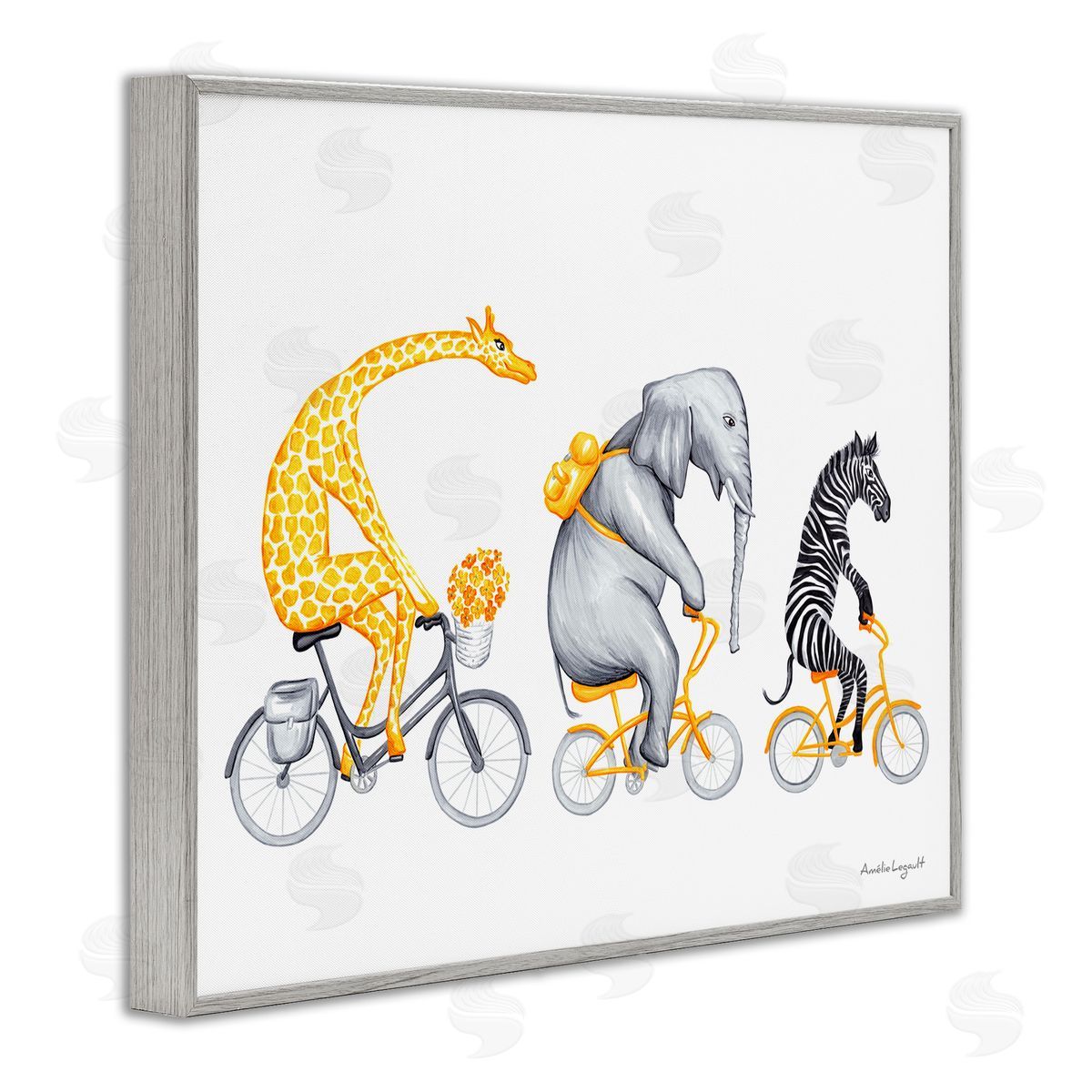 Amelie Legault Savanna Animals Riding Bikes Bicycles Yellow  Gray Framed Giclee Wall Art Print