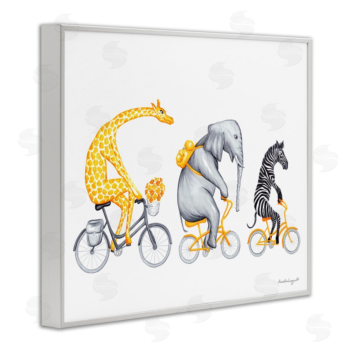 Amelie Legault Savanna Animals Riding Bikes Bicycles Yellow  White Framed Giclee Wall Art Print