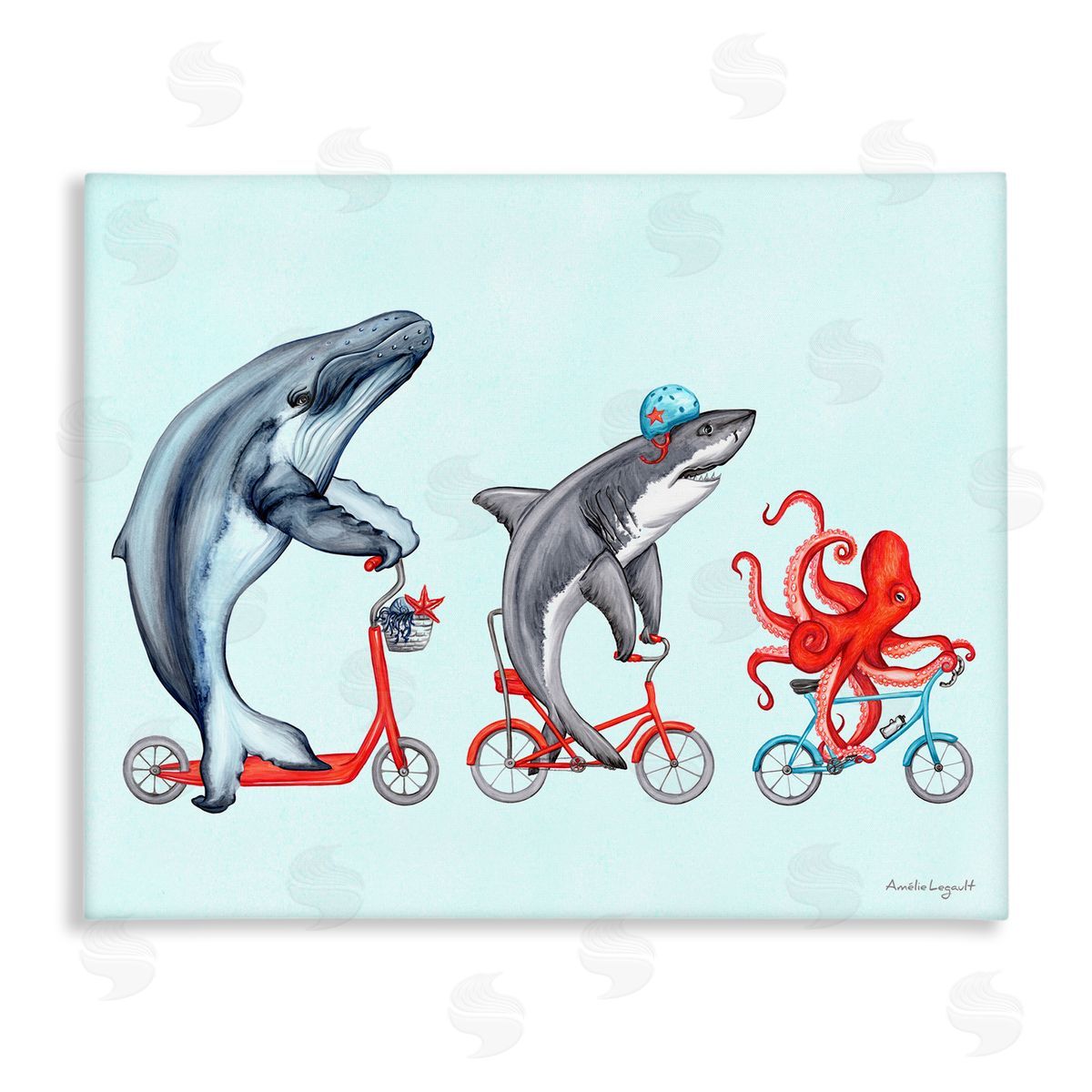 Amelie Legault Aquatic Sea Life Animals Riding Bikes Red  Stretched Canvas Wall Art Print