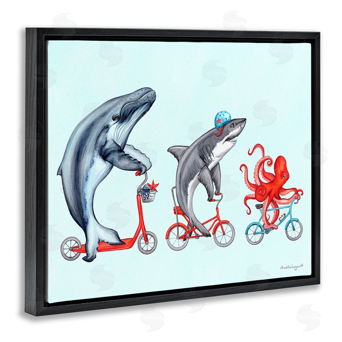 Amelie Legault Aquatic Sea Life Animals Riding Bikes Red  Black Floating Frame Canvas Wall Art Print