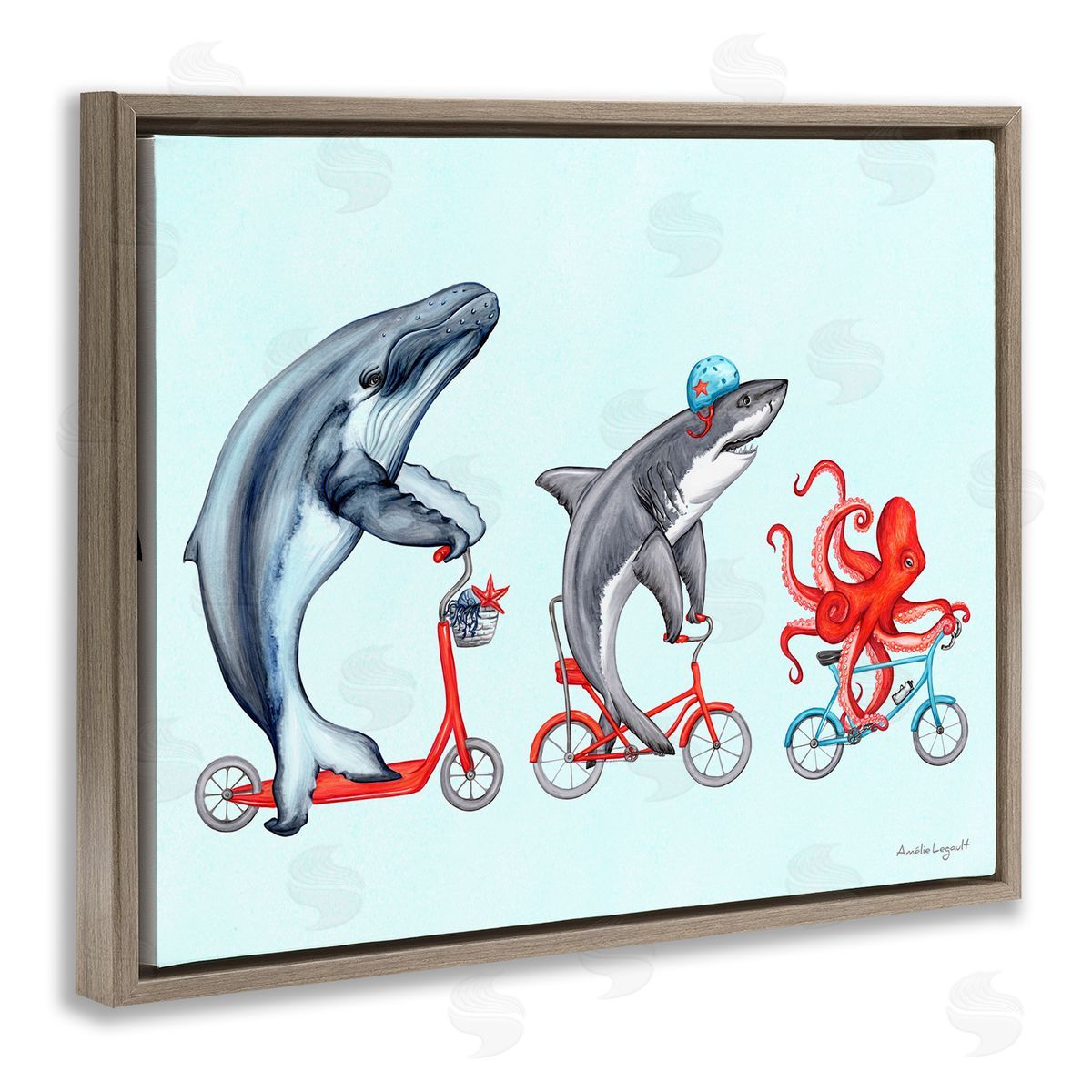 Amelie Legault Aquatic Sea Life Animals Riding Bikes Red  Brown Floating Frame Canvas Wall Art Print