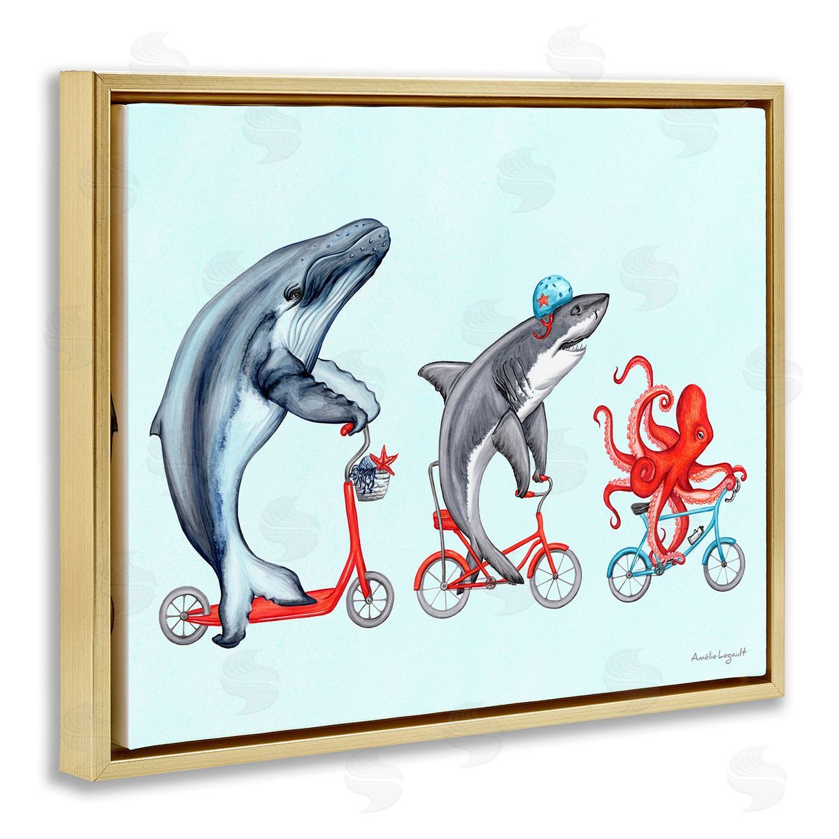 Amelie Legault Aquatic Sea Life Animals Riding Bikes Red  Gold Floating Frame Canvas Wall Art Print
