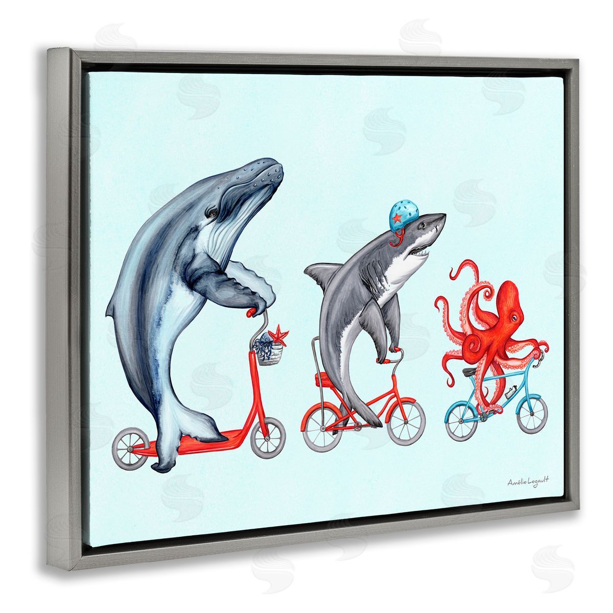 Amelie Legault Aquatic Sea Life Animals Riding Bikes Red  Gray Floating Frame Canvas Wall Art Print