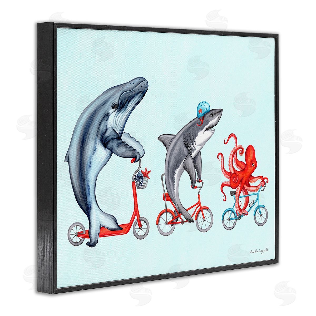 Amelie Legault Aquatic Sea Life Animals Riding Bikes Red  Black Framed Giclee Wall Art Print