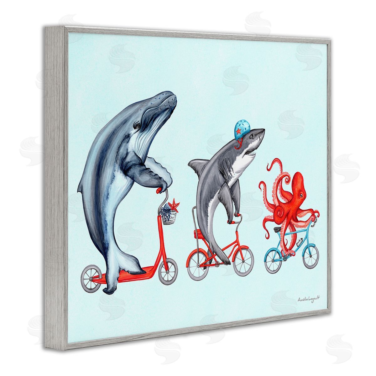 Amelie Legault Aquatic Sea Life Animals Riding Bikes Red  Gray Framed Giclee Wall Art Print