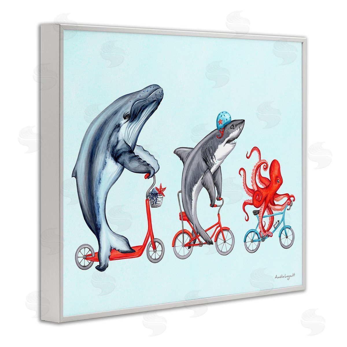 Amelie Legault Aquatic Sea Life Animals Riding Bikes Red  White Framed Giclee Wall Art Print